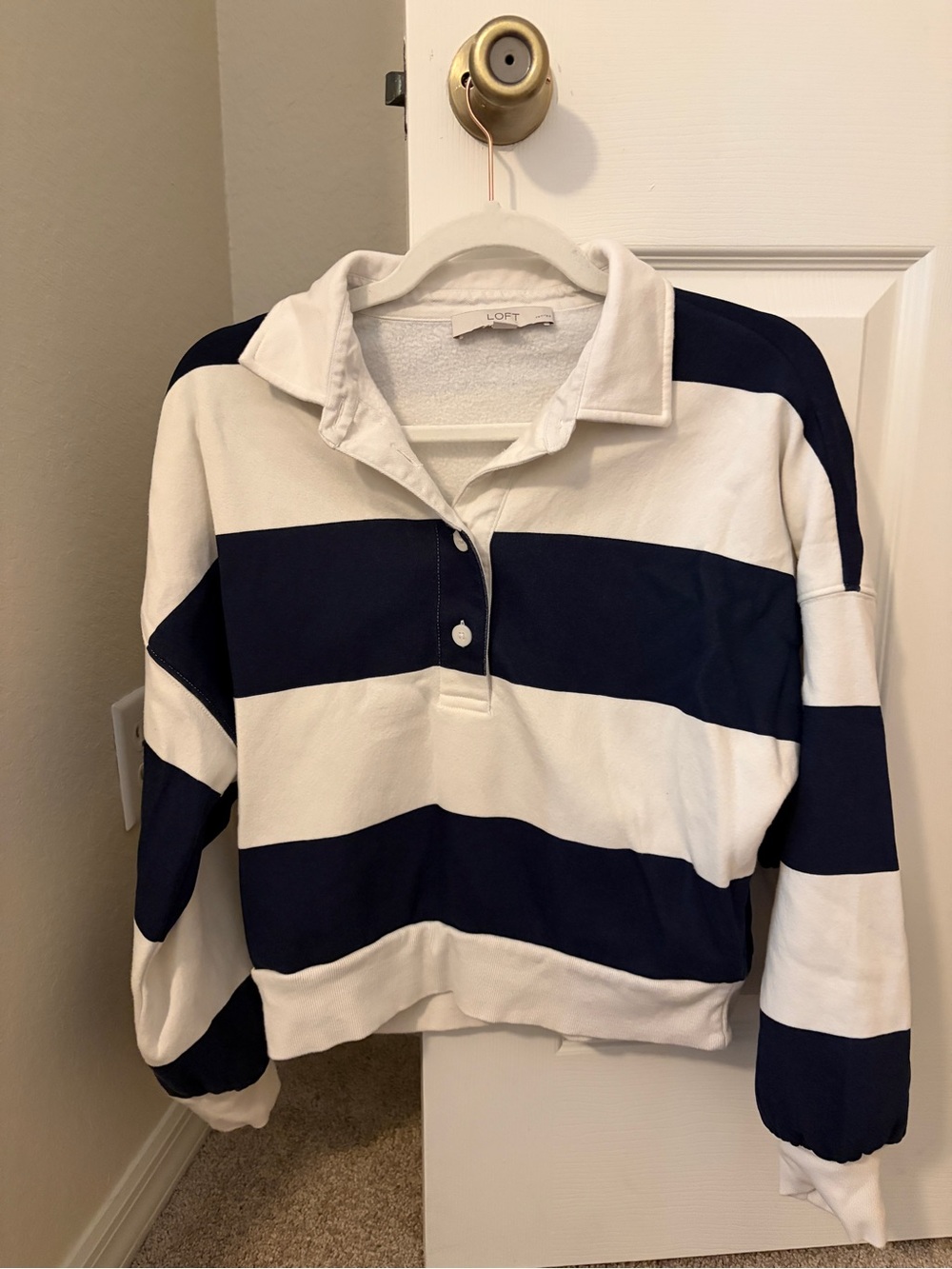 LOFT Navy and White Striped Rugby Pullover